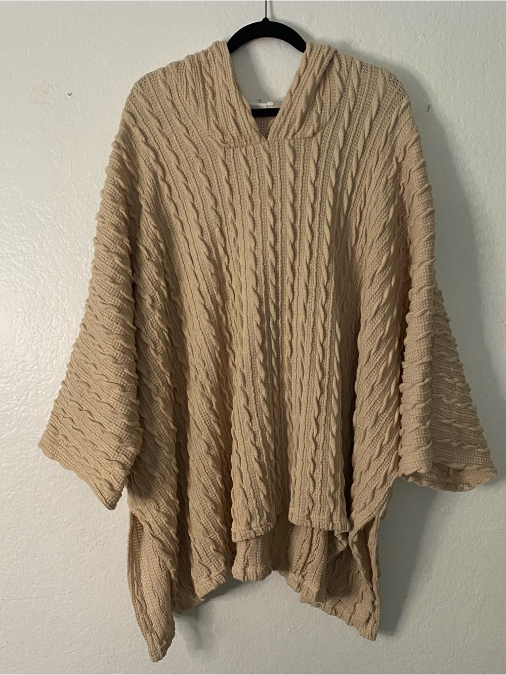 Simple Beige Cable-Knit Hooded Poncho